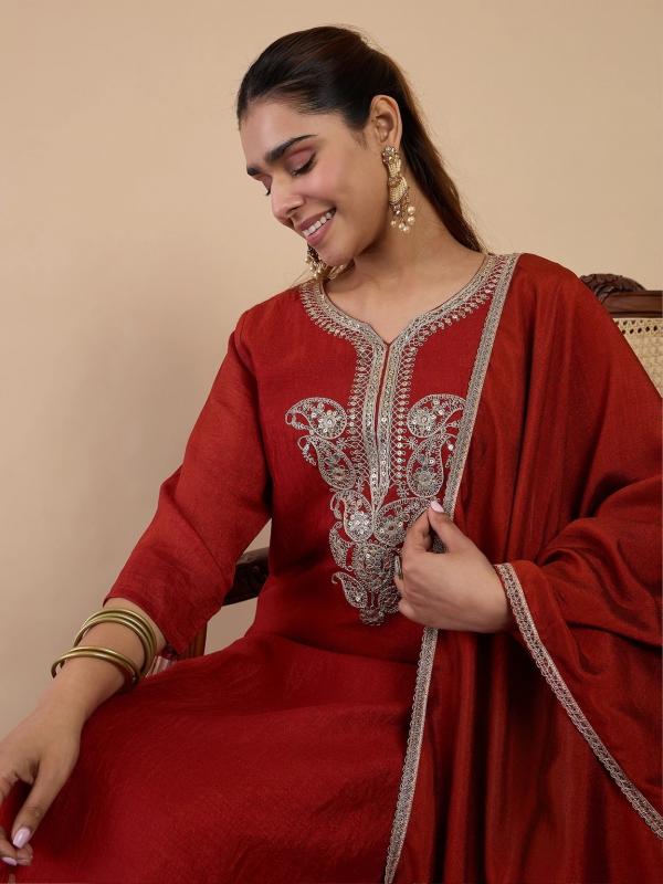 VP 9807 R Women's Embroidered Ethnic 3pc Kurta Pant Set